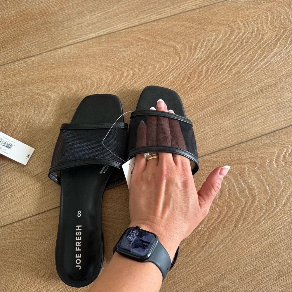 Joe Fresh Black Mesh and Faux-Leather Slide Sandals